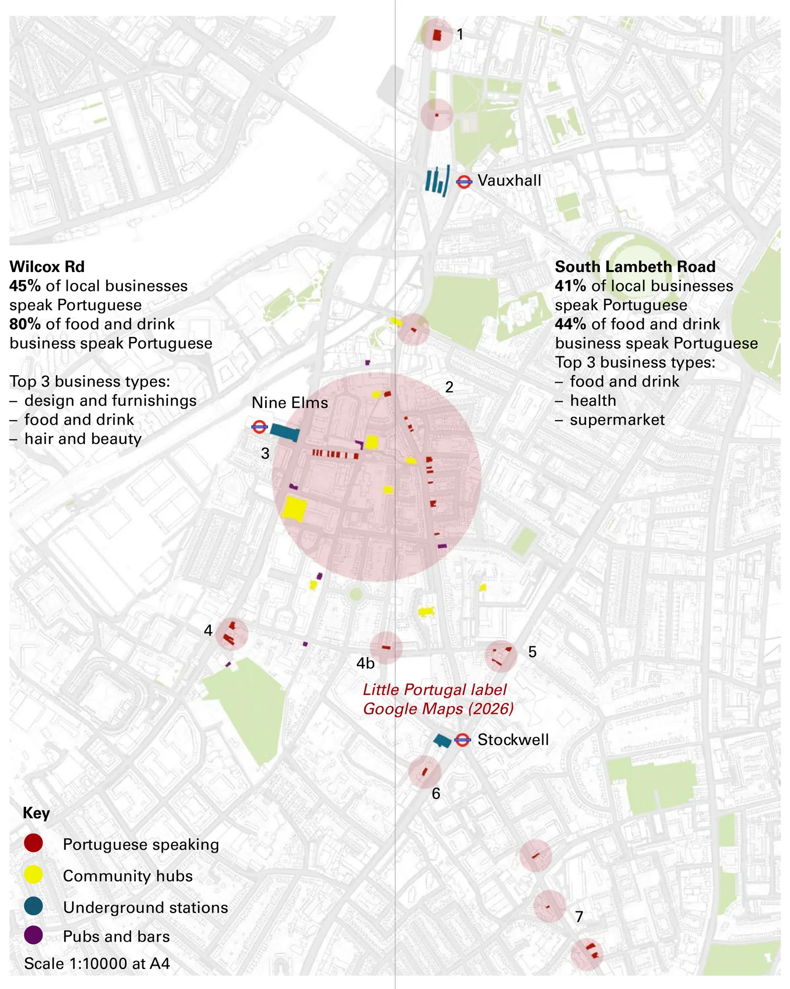 Map of Little Portugal between Vauxhall and Stockwell showing seven numbered clusters of Portuguese-speaking businesses, community hubs, pubs and bars, and Underground stations
