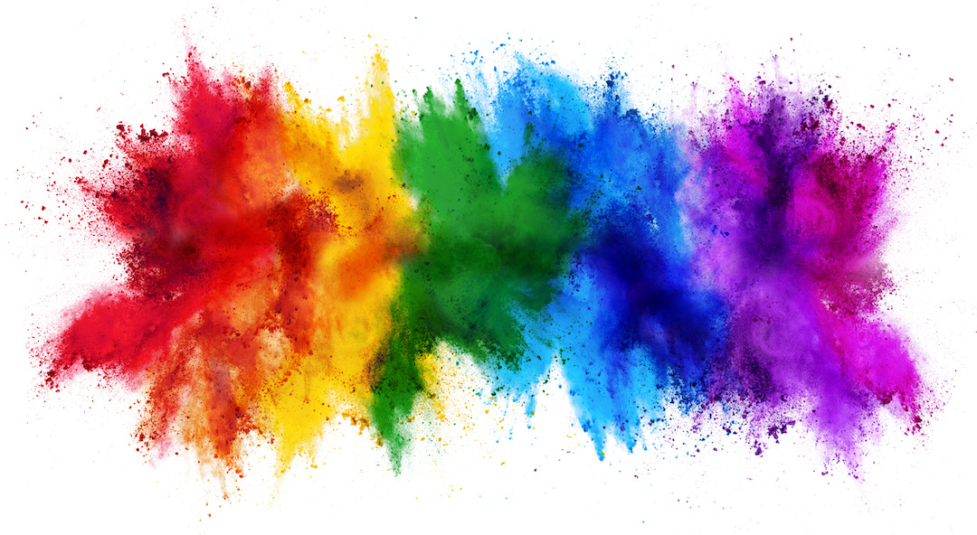 colorful rainbow holi paint color powder explosion isolated white wide panorama background